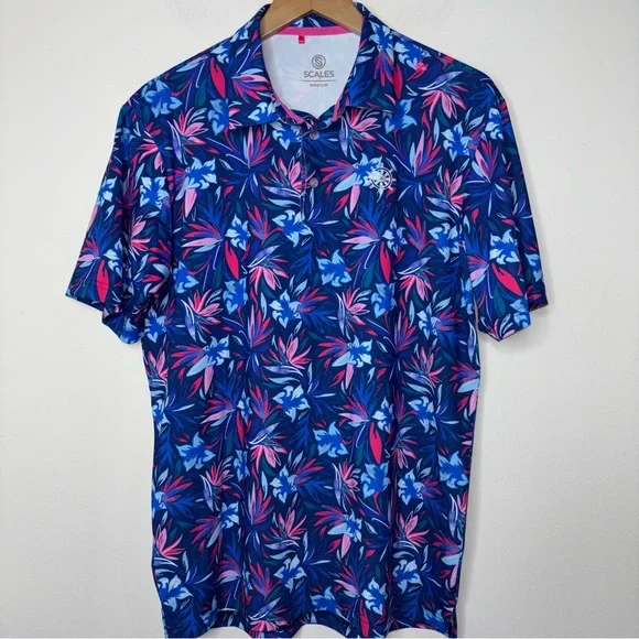 Scales Polo Shirt Mens M Blue Pink Floral Performance Stretch Golf Activewear - Picture 9 of 12